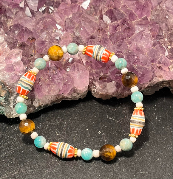 african trade beads amazonite and tigers eye stretchy bracelet