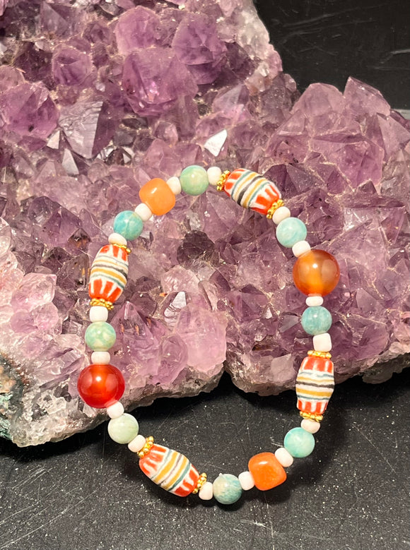 african trade beads with carnelian amazonite red orange aventurine stretchy bracelet