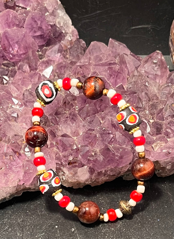African trade beads and red tigers eye stretchy bracelet