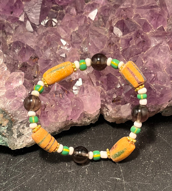 african trade beads and smoky quartz bracelet