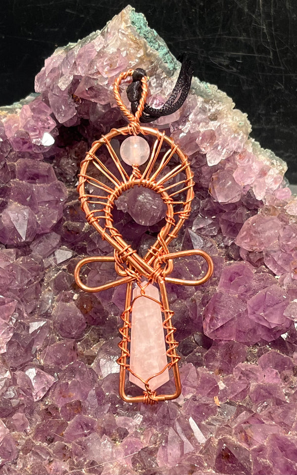 rose quartz crystal ankh copper pendant necklace