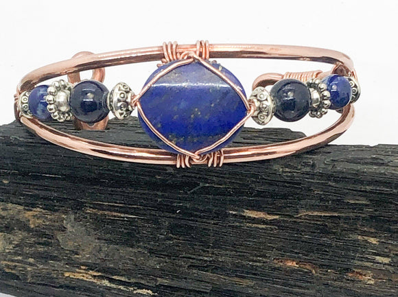 Lapis Lazuli with Lapis Side Stones Handmade Wirewrapped Copper Bracelet Crystal - Infinite Treasures, LLC