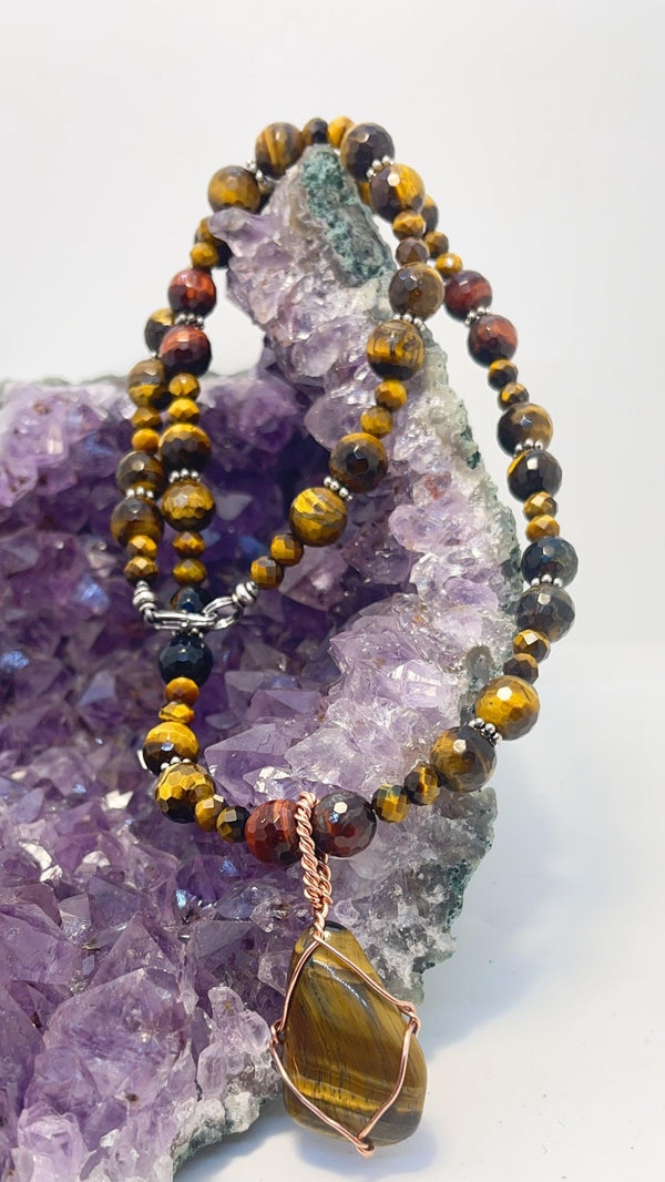 tigers eye beaded necklace with tigers eye pendant copper wirewrapped