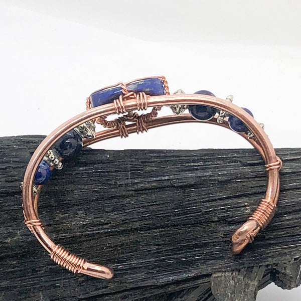 Lapis Lazuli with Lapis Side Stones Handmade Wirewrapped Copper Bracelet Crystal - Infinite Treasures, LLC
