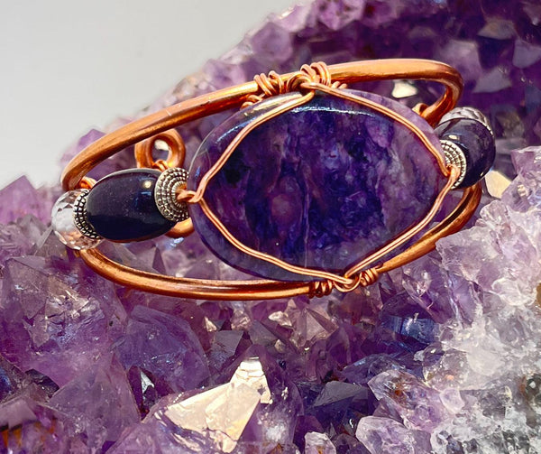 Charoite with Lepidolite and Crystal Quartz Side Stones Copper Bracelet - Infinite Treasures, LLC