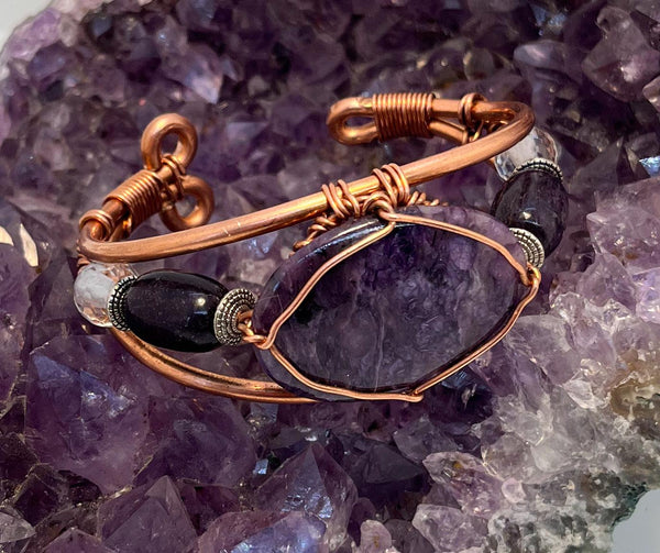 Charoite with Lepidolite and Crystal Quartz Side Stones Copper Bracelet - Infinite Treasures, LLC