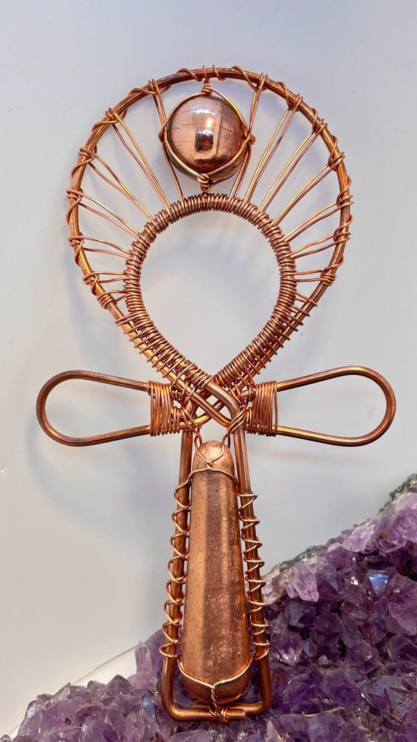 Copper wand and sphere wirewrapped ANKH