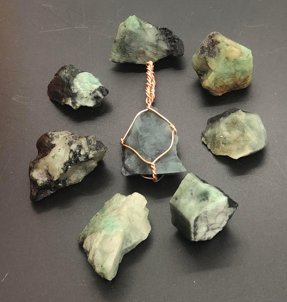 emerald, rough, pendant, copper