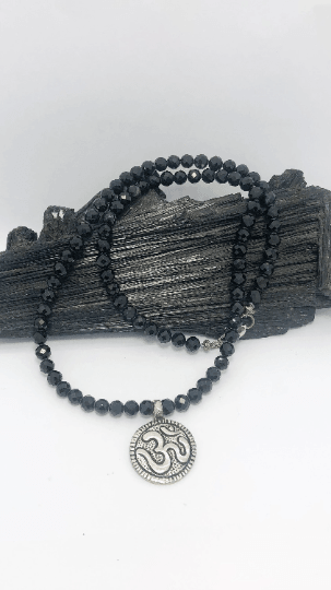 18-inch Faceted Black Tourmaline Necklace with Tibetan Silver Ohm Pendant - Infinite Treasures, LLC