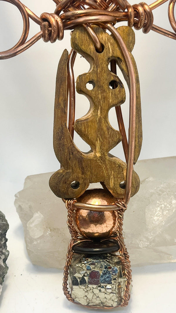 Hand Carved Wooden Gye Nyame with Diamond Cut Quartz Crystal Top and Double Terminated Citrine Copper Sphere Shungite and Pyrite Dodechahedron Handheld Copper Ankh - Infinite Treasures, LLC