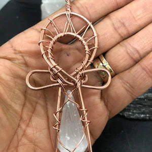 Moroccan Selenite Vogel  Crystal Copper Ankh Pendant - Infinite Treasures, LLC