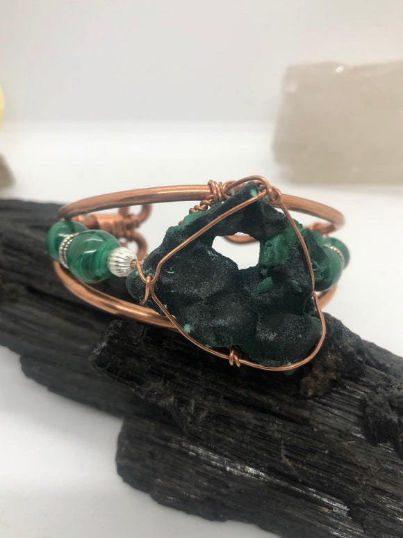 Malachite Crystal with Malachite Side Stones  Copper Bracelet Wire wrapped Handmade - Infinite Treasures, LLC