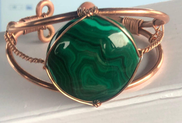 Last One! Malachite Cabochon 40 MM Round Copper Bracelet Wire wrapped Handmade - Infinite Treasures, LLC, malachite, bracelet
