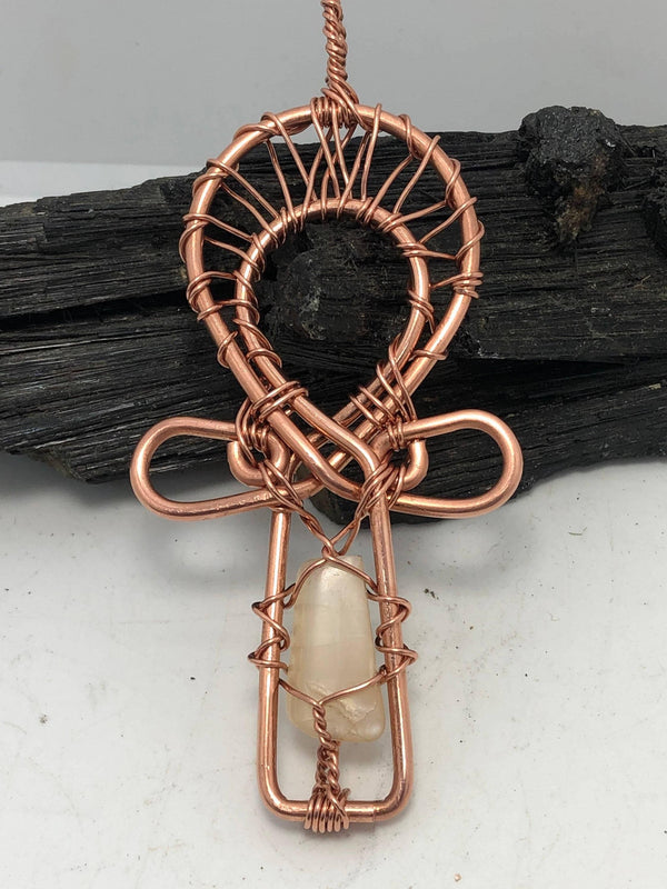 Moonstone Copper Ankh Wand Pendant Necklace Handmade Wirewrapped - Infinite Treasures, LLC