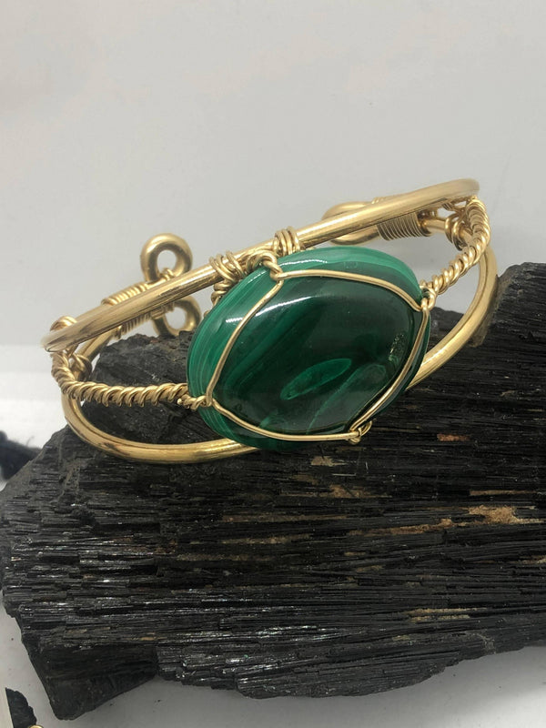 Malachite Brass 40x30mm Oval Bracelet Wire wrapped Handmade - Infinite Treasures, LLC