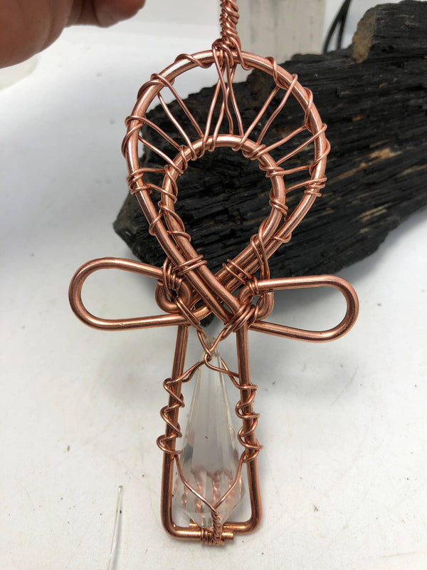 Crystal Quartz Vogel shaped Egyptian Kemetic Coptic Cross Copper Ankh Wirewrapped Pendant Necklace - Infinite Treasures, LLC