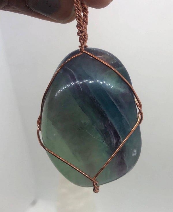 Fluorite polished Trumble Stone Crystal copper or brass Wirewrapped pendant - Infinite Treasures, LLC