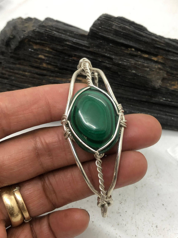 Malachite Cabochon Sterling Silver Third Eye Style Bracelet Wire wrapped Handmade - Infinite Treasures, LLC