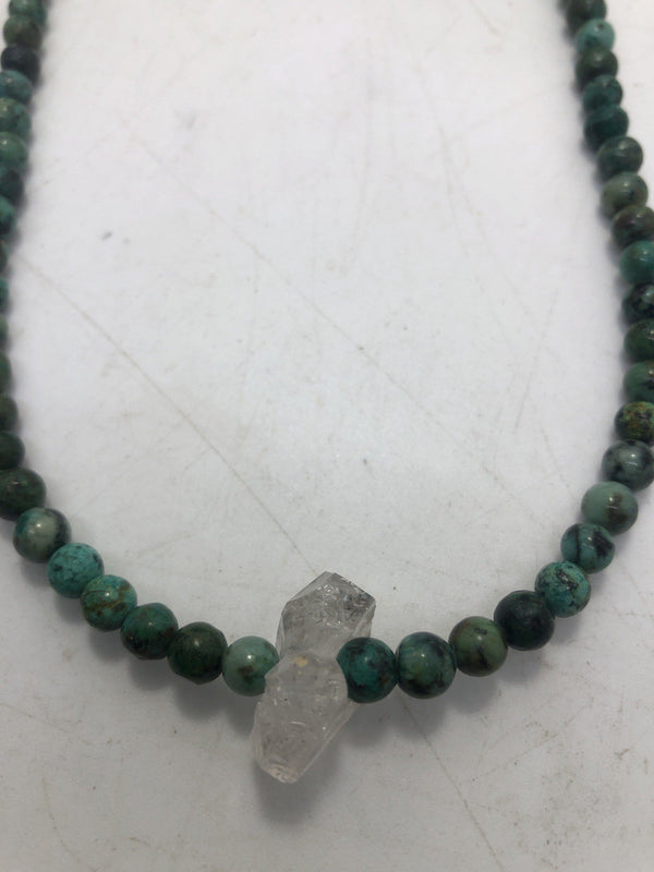 16 Inch  African Turquoise Beaded necklace with Moroccan Herkimer Diamond - Infinite Treasures, LLC