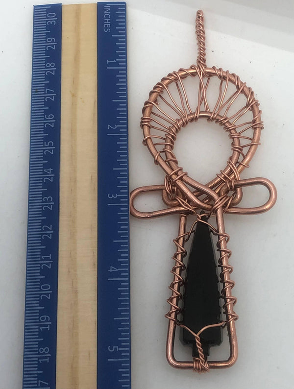Black Obsidian Vogel Shaped  Kemetic Coptic Cross Copper Ankh Wirewrapped Pendant Necklace - Infinite Treasures, LLC