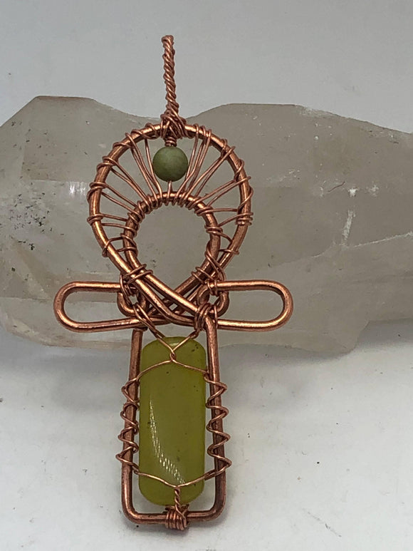 Jade Copper Egyptian Kemetic Coptic Cross  Ankh Wirewrapped Wearable Pendant Necklace - Infinite Treasures, LLC