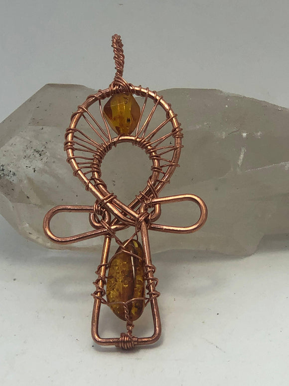 Genuine Baltic Amber Copper Egyptian Kemetic Coptic Cross  Ankh Wirewrapped Wearable Pendant Necklace - Infinite Treasures, LLC