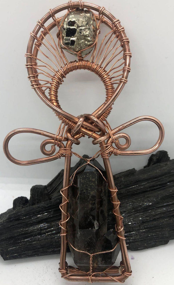 Brazilian Smoky Quartz and Pyrite Dodechahedron Crystal Handheld Ankh Coptic Cross Copper Hand Made - Infinite Treasures, LLC