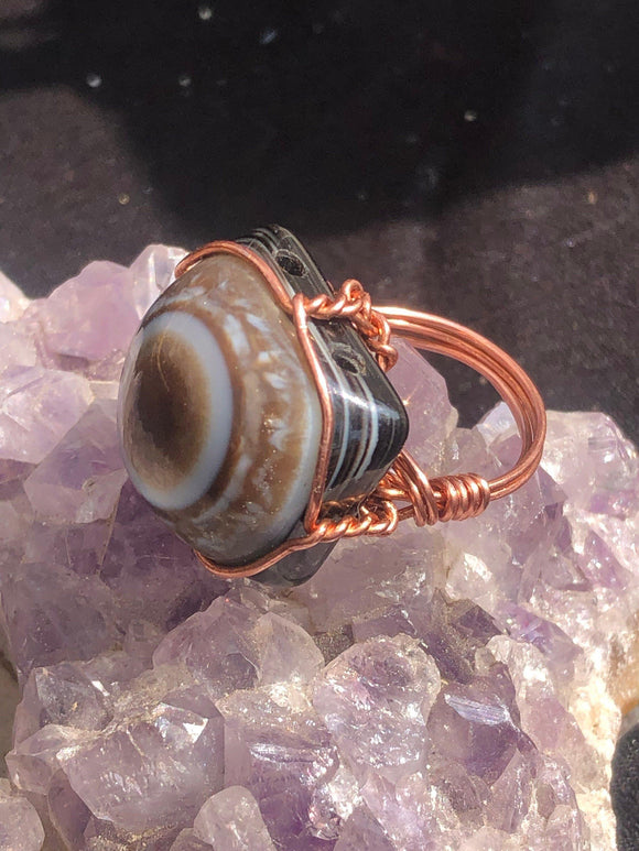 Evil Eye Sardonyx Crystal Copper Wirewrapped Ring - Infinite Treasures, LLC