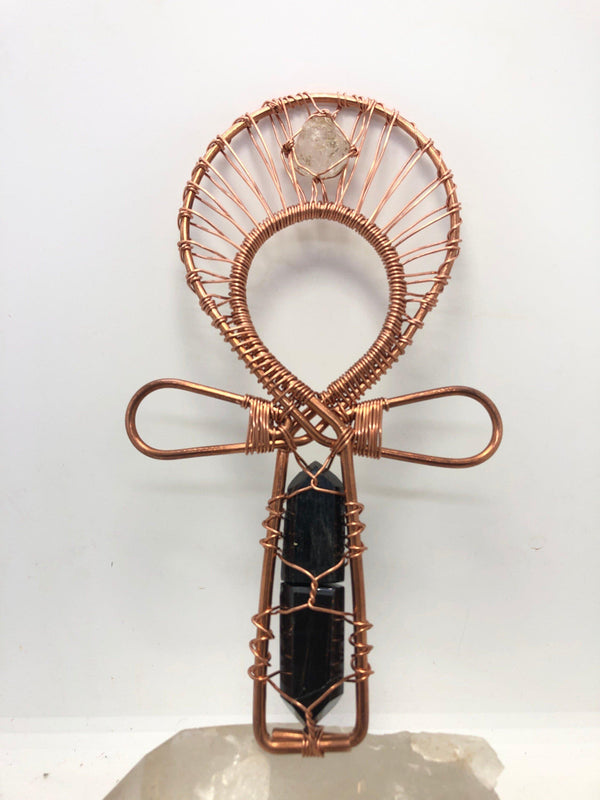 Black Tourmaline with Hematite Tower and Herkimer Diamond Healing Synergy Reiki Copper Wirewrapped Ankh - Infinite Treasures, LLC