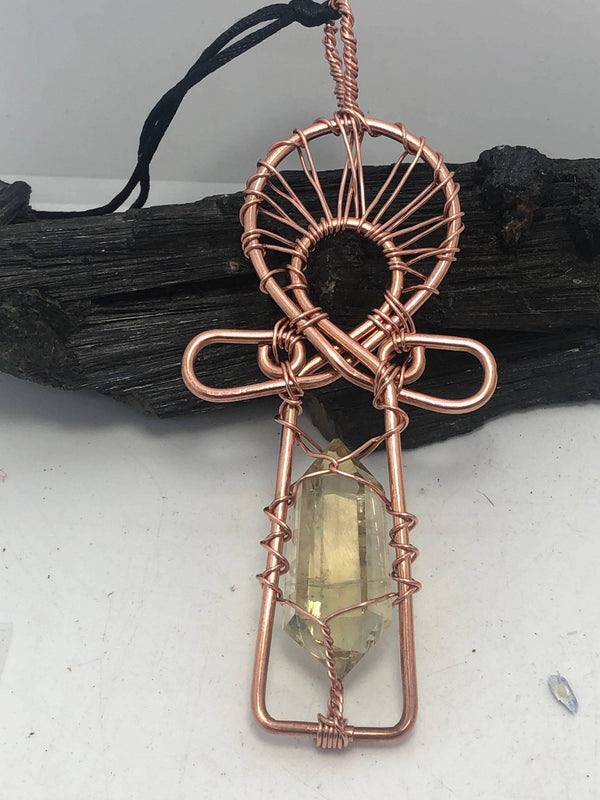 Citrine Kemetic Coptic Cross Copper Ankh Wirewrapped Pendant Necklace - Infinite Treasures, LLC