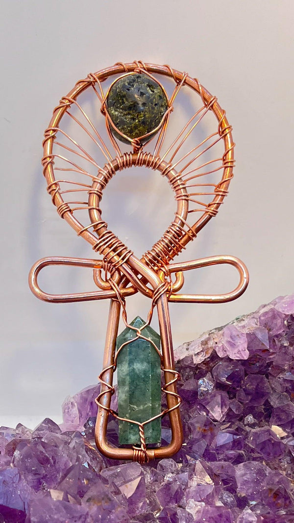 jade and epidote crystal copper ankh 6x3 inches