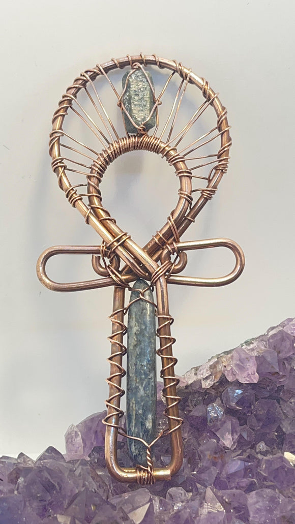 blue kyanite and blue sapphire copper ankh