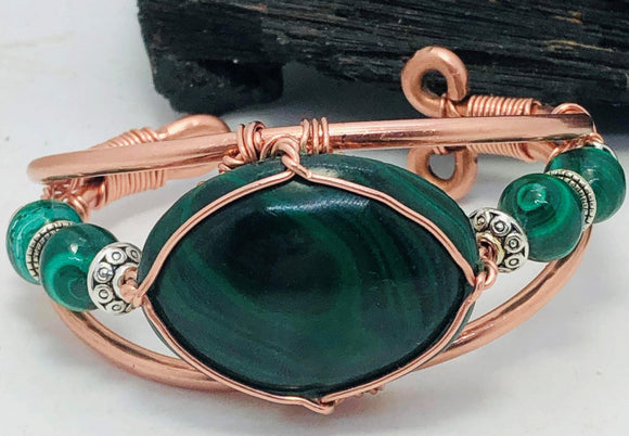 Malachite Cabochon with Malachite Side Stones  Copper Bracelet Wire wrapped Handmade - Infinite Treasures, LLC