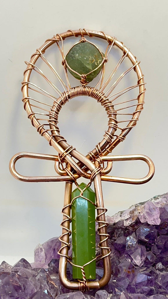 jade and prehnite botryoidal crystal copper pocket ankh