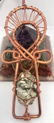 Pyrite Dodecahedron and Copper Egyptian Kemetic Coptic Cross Ankh Wirewrapped Wearable Pendant - Infinite Treasures, LLC