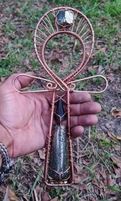 Pyrite Dodechahedron Wand with Shungite Quartz Crystal 12 inch Handheld Ankh Coptic Cross Copper Hand Made - Infinite Treasures, LLC