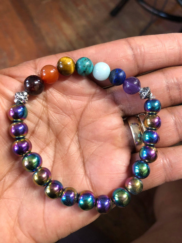 Rainbow Hematite Chakra Stretchy Bracelet - Infinite Treasures, LLC