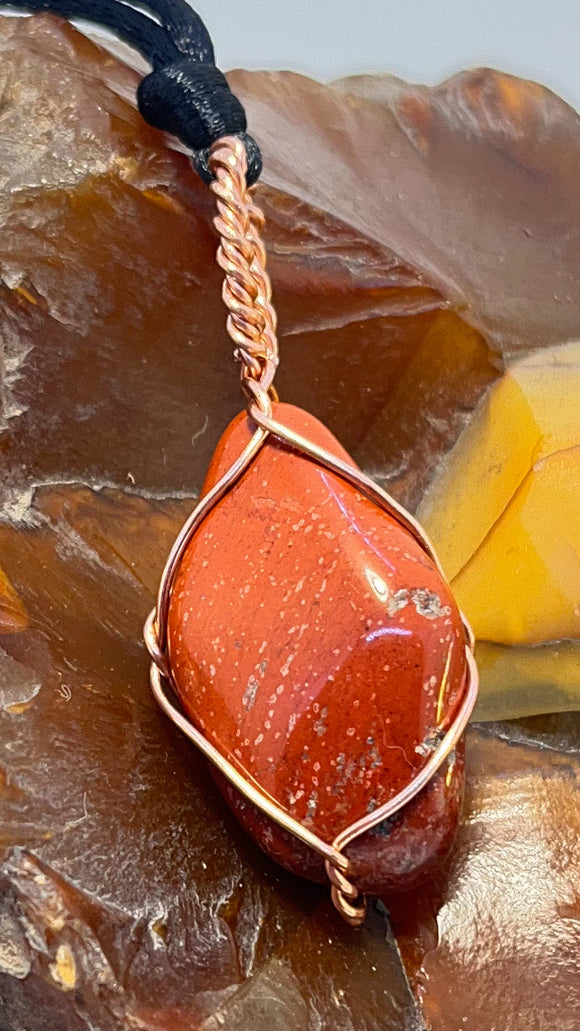 red jasper pendant wire wrapped in copper wire necklace
