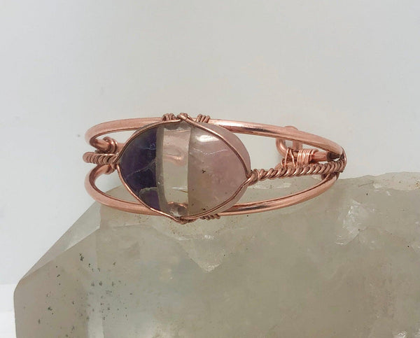 Rose Quartz, Clear Quartz and Amethyst  Copper Wirewrapped Bangle Bracelet - Infinite Treasures, LLC