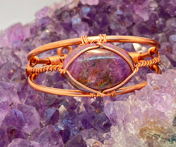 ruby crystal bracelet on copper bar wirewrapped