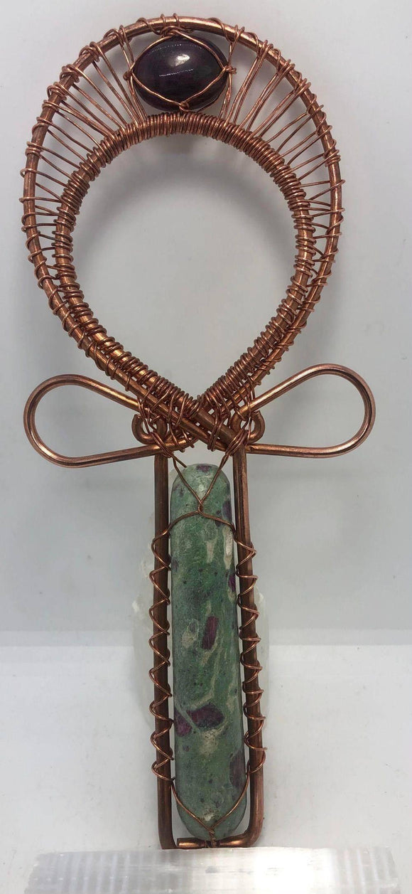 Ruby Zoisite and Ruby Crystal Handheld Ankh Coptic Cross Copper Hand Made - Infinite Treasures, LLC