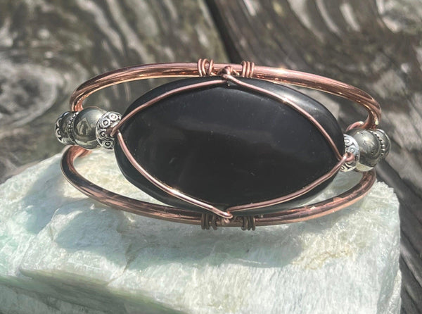 Shungite and Pyrite Copper Melanin Affinity Crystal Synergy Wirewrapped Bracelet - Infinite Treasures, LLC