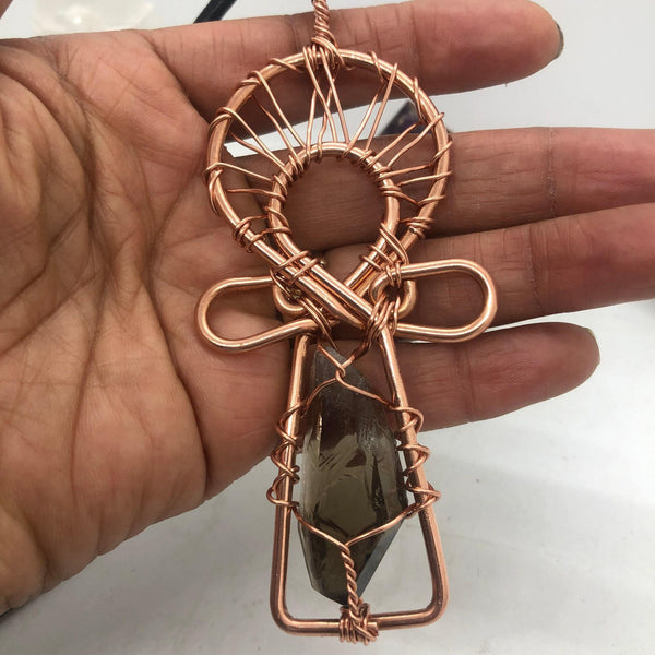 Smoky Crystal Quartz Copper Ankh Pendant Necklace Wirewrapped - Infinite Treasures, LLC