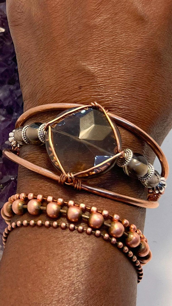 Smoky Quartz with Smoky Quartz Side Stones  Crystal Copper Bracelet Wire wrapped Handmade - Infinite Treasures, LLC
