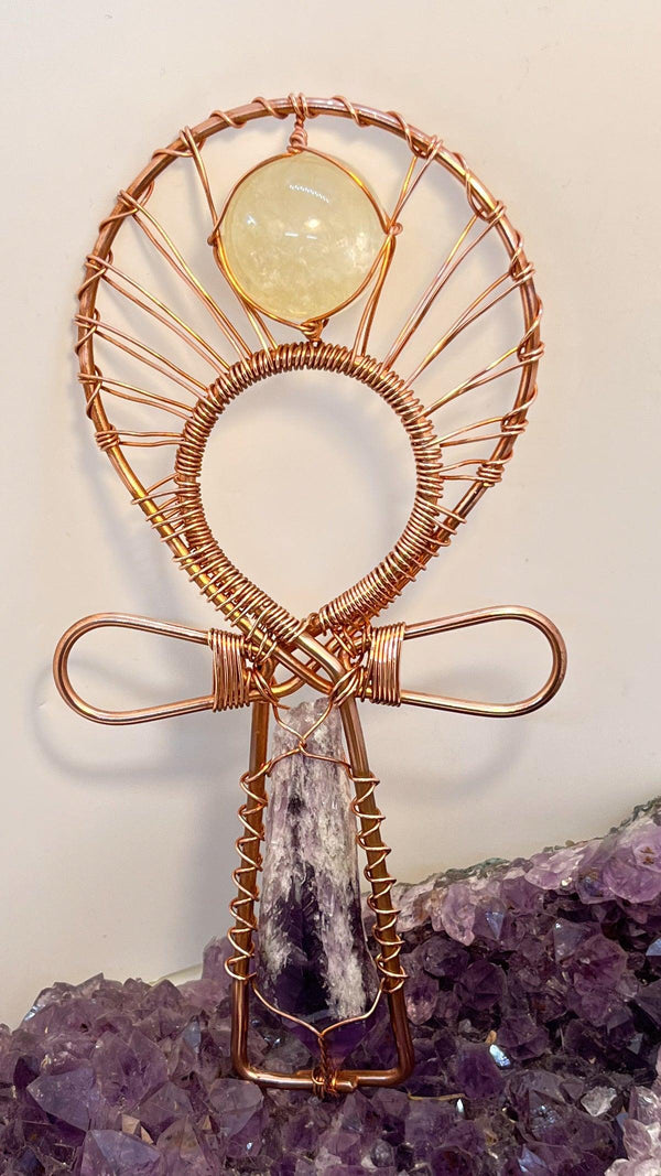 bahia amethyst copper wirewrapped ankh with citrine sphere at the top