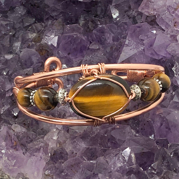 Tigers Eye with Tigers Eye Side Stones and Tibetan Alloy Silver Beads Wirewrapped Copper Bracelet Crystal - Infinite Treasures, LLC
