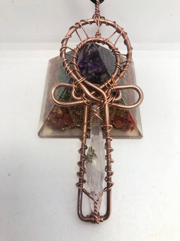 Vera Cruz Amethyst Crystals and Copper Egyptian Kemetic Coptic Cross Ankh Wirewrapped Wearable Necklace Pendant - Infinite Treasures, LLC